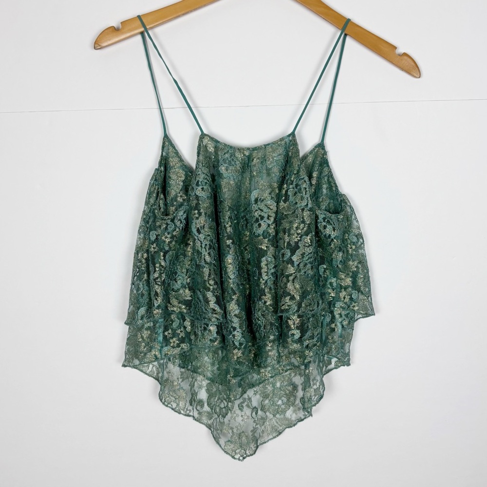 Urban Outfitters Ecote Lace Tiered Nylon Metallic Teal Tank Top Small Fairy - Picture 2 of 7